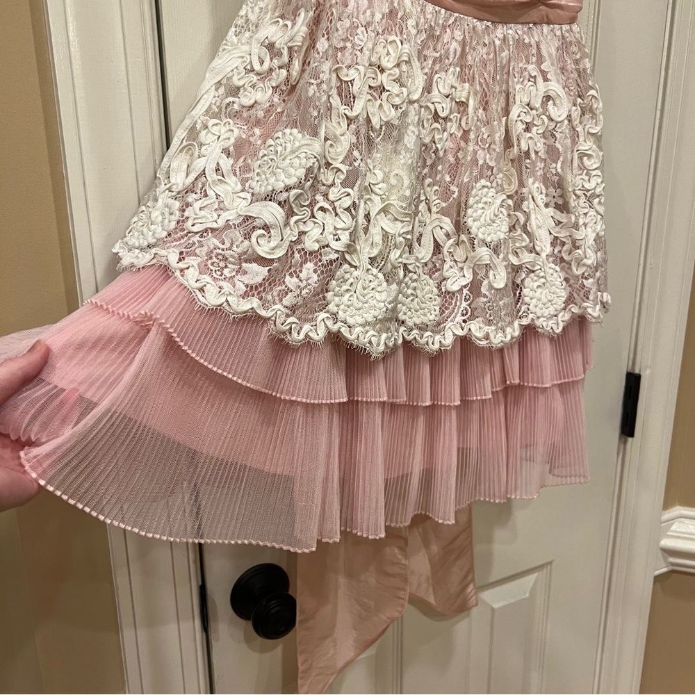Vintage Betsey Johnson Lace Pink Strapless Mini Dress Lacey Tea Party Tulle Bow - Picture 4 of 14